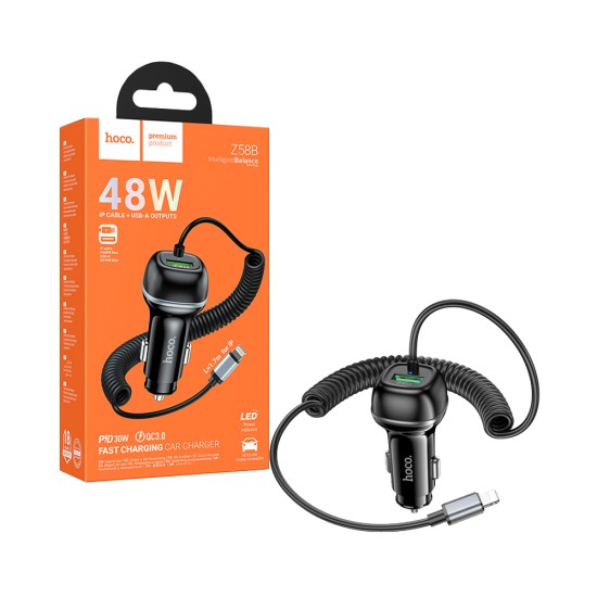 Carregador de Carro Hoco Z58B Rank USB PD30W com Cabo Lightning 1m Preto Carregador de Carro Hoco Z58B Rank USB PD30W com Cabo Lightning 1m Preto